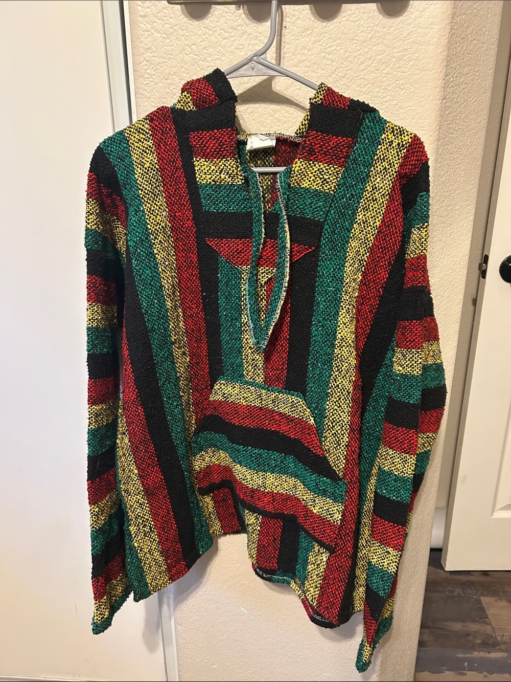 (XL) Boys Striped Woven Mexican Baja Hoodie in Red, Green, Yellow, Black